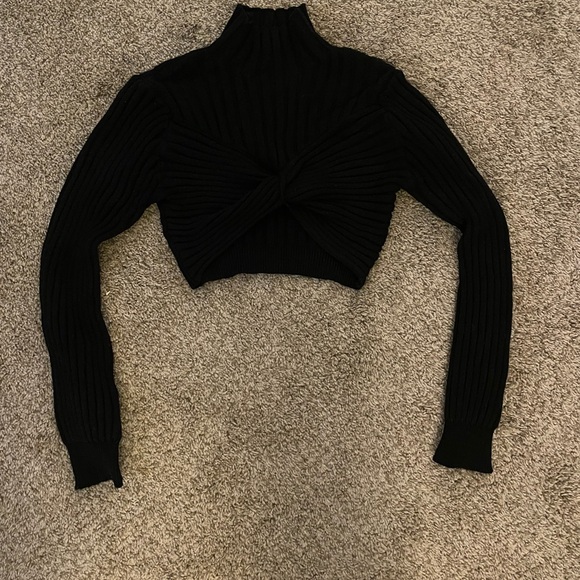 Anthropologie Black Crop Ribbed Knit Sweater with Twist Front - Picture 5 of 10